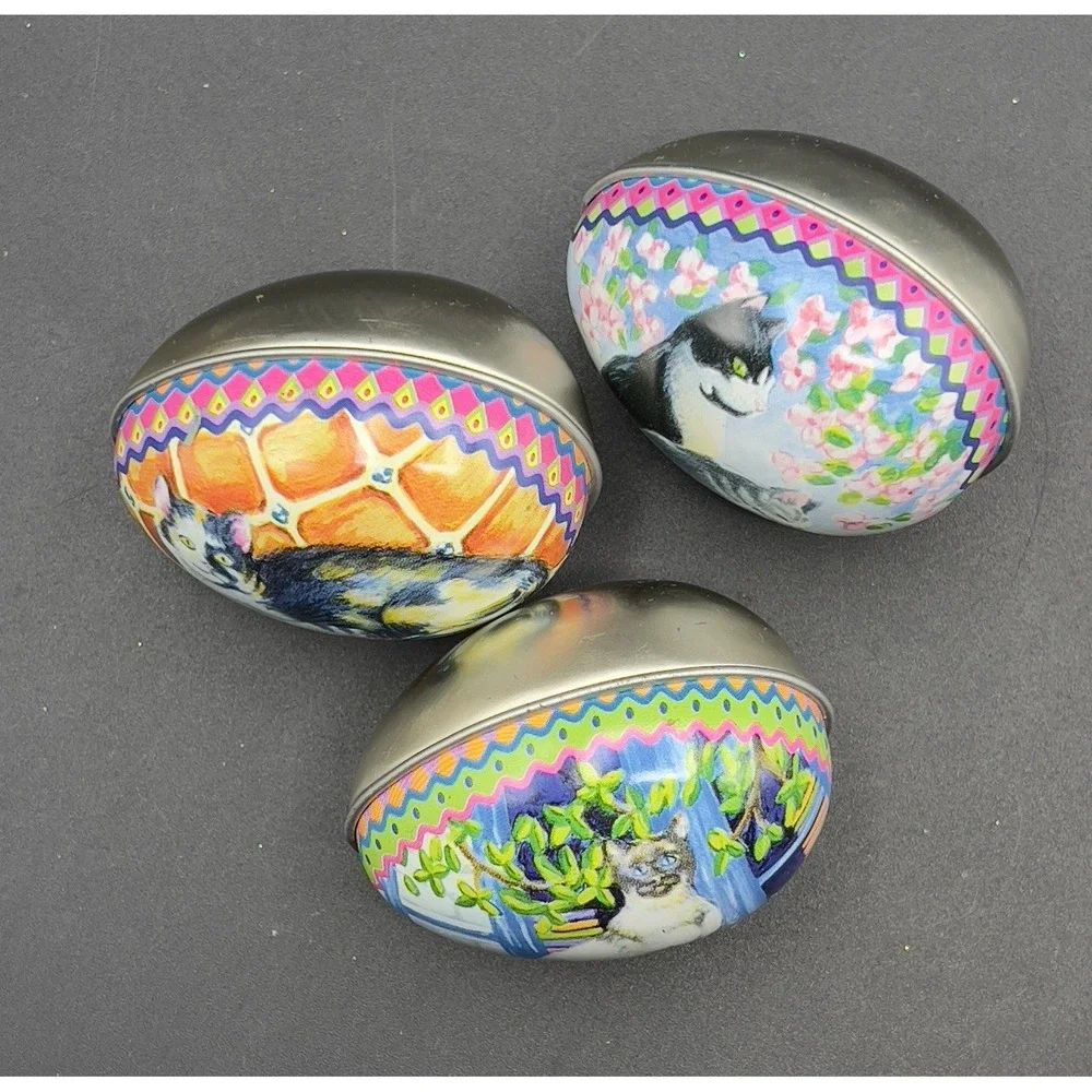 VTG Tin Metal Easter Egg Container w/ Kitty Cat Design Calico Tuxedo Set of 3
